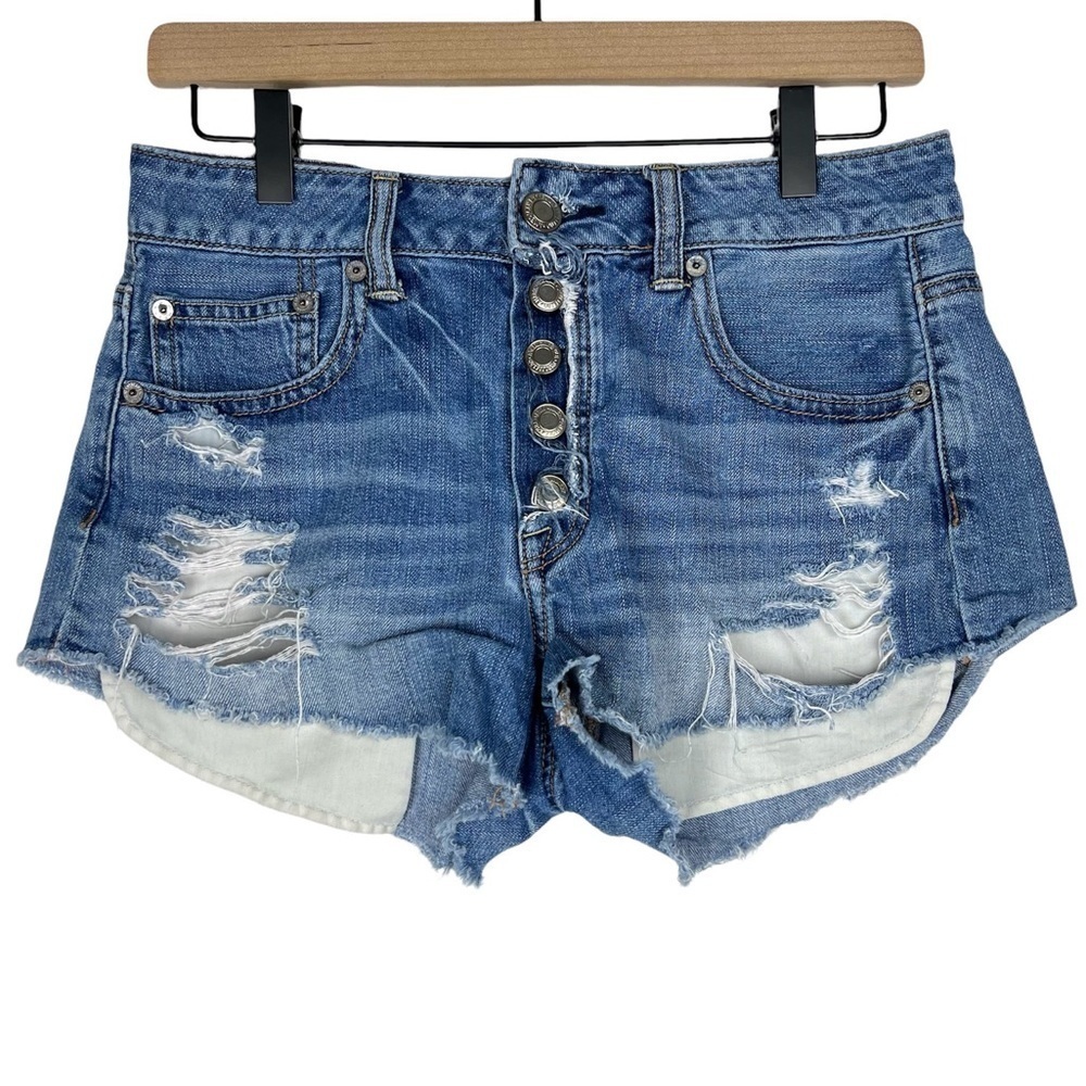 AMERICAN EAGLE Hi Rise Festival Jean Shorts Distressed Cut Off Medium Wash 4
